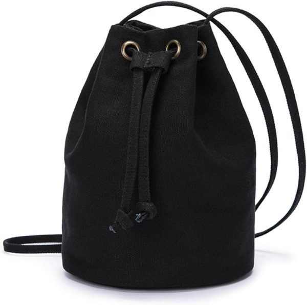 Black Drawstring Crossbody Bag Nylon Fabric Large Capacity Organizer Bag with Gold Tone Hardware