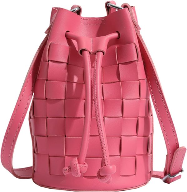 Bucket  for Women, Mini Leather Woven Bucket Bag Drawstring   Crossbody Bucket Handbags