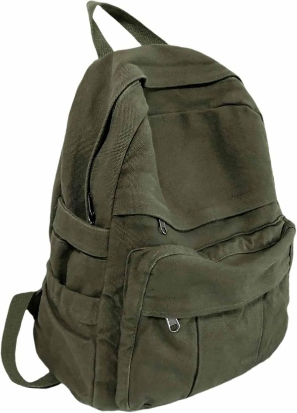 Military Green Canvas Backpack for Women & Men Retro Aesthetic Rucksack Basic Backpack for High / Students Travel Laptop Bag