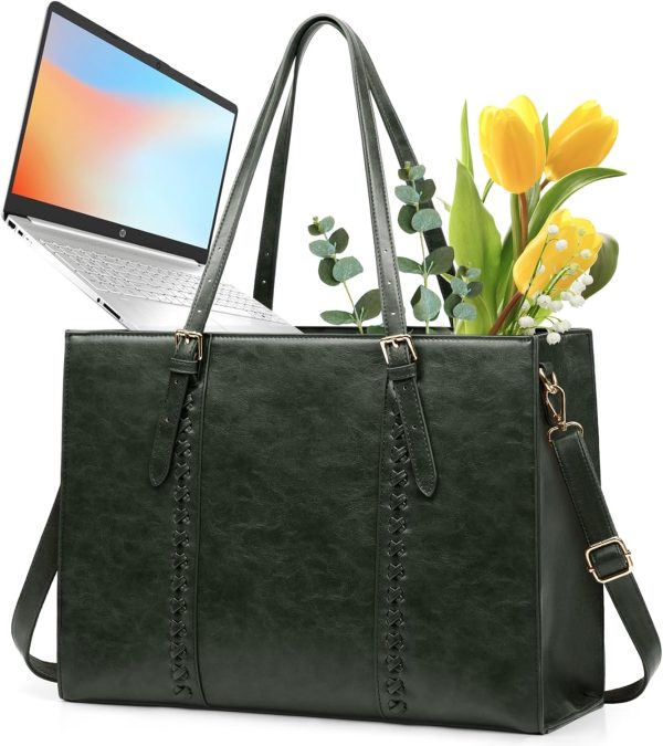 Laptop Bag for Women, 15.6 inch Laptop Tote Bag PU Leather Computer Work Bag Lightweight Shoulder Handbags, Dark Green