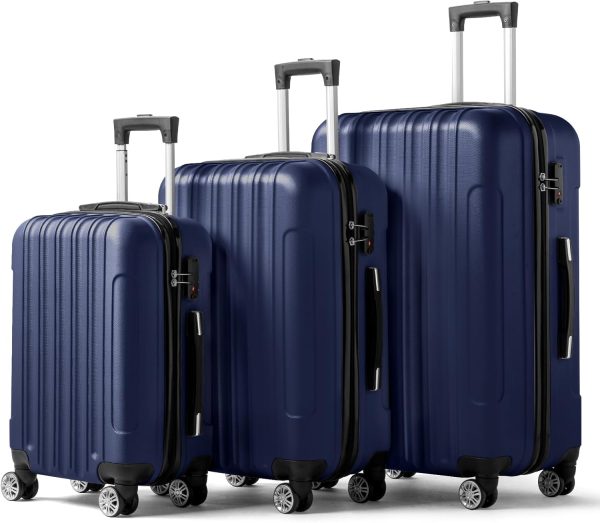 Luggage Set of 3 Hardside Carry on Suitcase Sets with Spinner Wheels &  lock, Portable Lightweight ABS Luggages for Travel, BusinessNavy Blue (20/24/28)