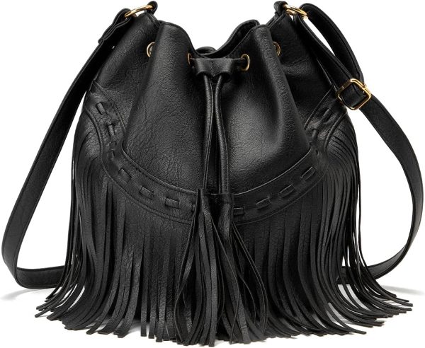 Leather Bucket Bags for Women Crossbody Fringe  with Drawstring Ladies Tassel  and Shoulder Handbags