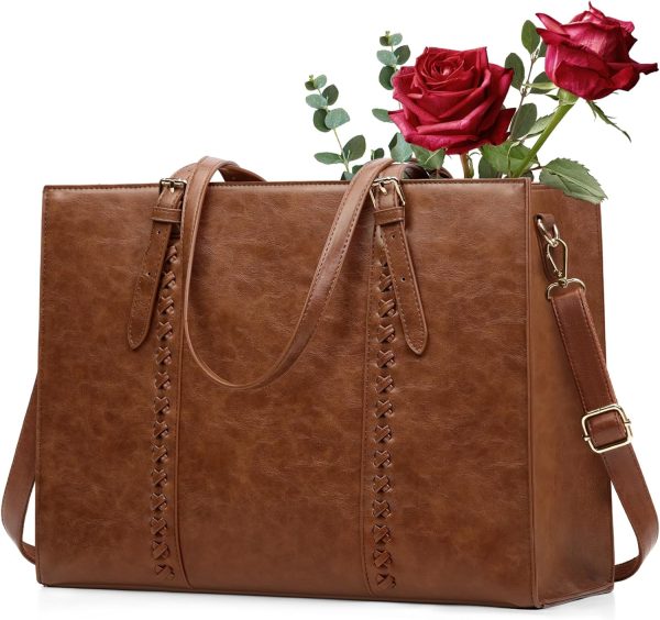 Laptop Bag for Women, 15.6 inch Laptop Tote Bag PU Waterproof Computer Work Bags for Women Professional Business Office Briefcase Lightweight Shoulder Handbags, Brown