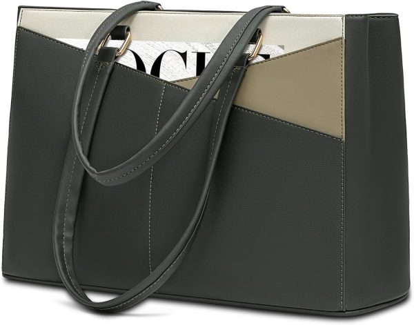 Laptop Bag for Women, 15.6 inch Laptop Tote Work Teacher Bags  Computer Shoulder Bag,Dark Green/Olive green/Off white