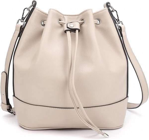Leather Bucket Bags and Drawstring Crossbody  for Women Medium Tote and  Handbags with 2 Shouder Straps