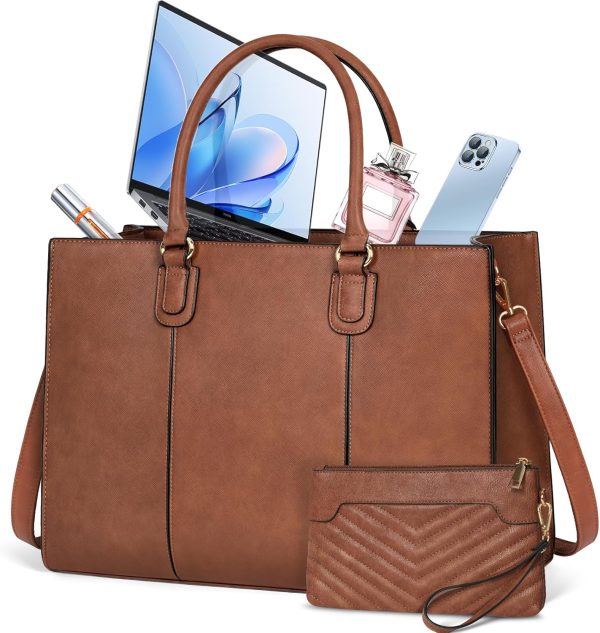 Laptop Bag for Women 15.6 Inch Work Tote Bags Leather Computer Bag with Clutch Purse Professional Office Briefcase Waterproof Handbag Shoulder Bag for Business Travel College, Brown