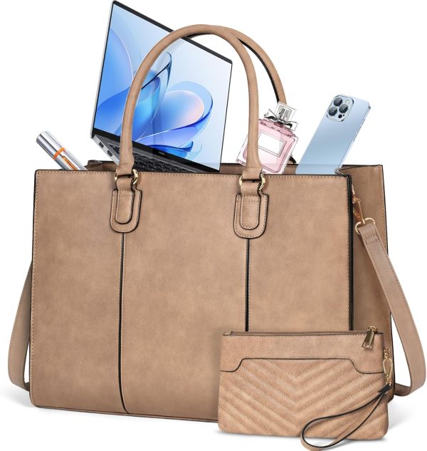 Laptop Bag for Women 15.6 Inch Work Tote Bags Leather Computer Bag with Clutch Purse Professional Office Briefcase Waterproof Handbag Shoulder Bag for Business Travel College, Khaki