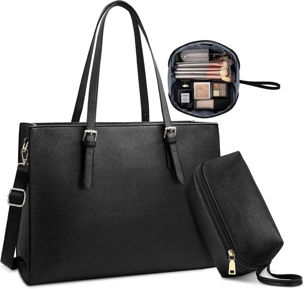Laptop Bag for Women Waterproof Lightweight Leather 15.6 Inch Computer Tote Bag Business Office Briefcase Large Capacity Handbag Shoulder Bag Professional Office Work Bag Purse 2pcs Set, Black