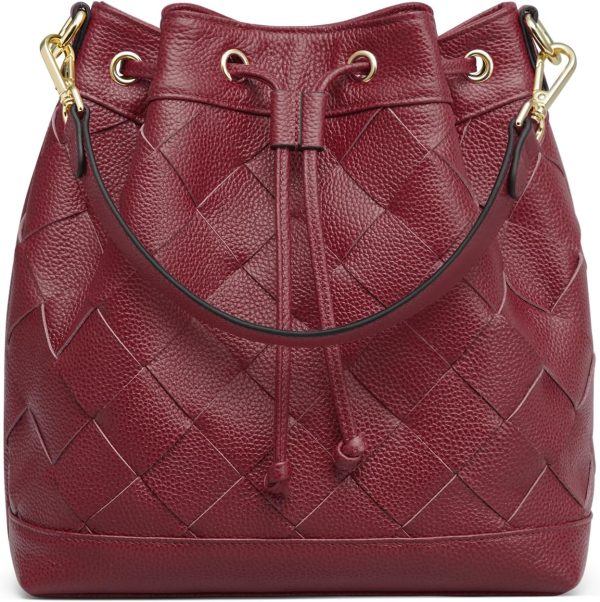 Woven Leather Bucket Bags for Women, Drawstring Crossbody   and Shoulder Handbags with 2 Straps