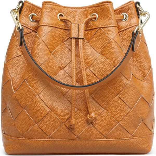 Woven Leather Bucket Bags for Women, Drawstring Crossbody   and Shoulder Handbags with 2 Straps